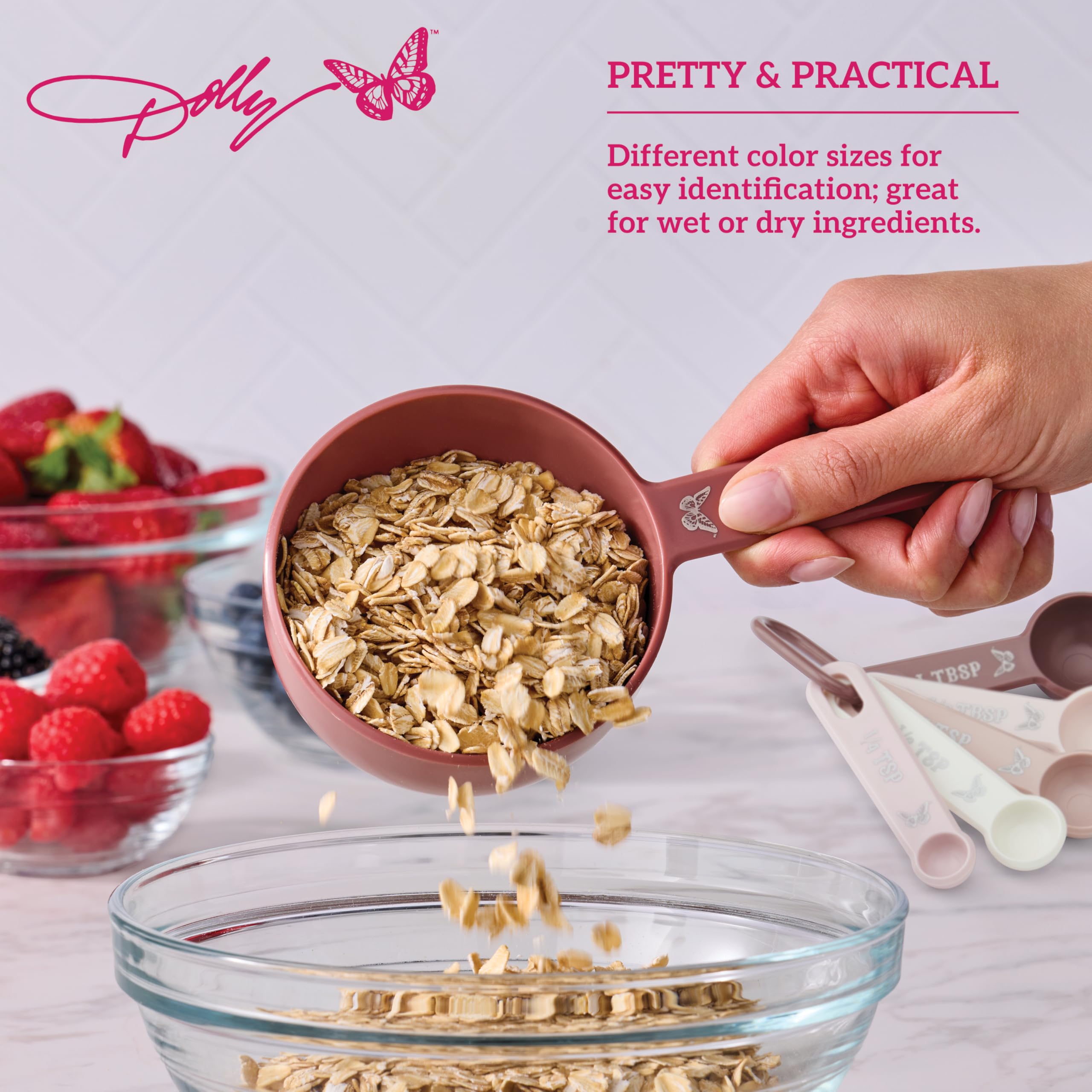 Dolly Parton Measuring Cups and Spoons Set, Pink with Butterfly Accents, Easy-Read Markings, Nesting Design with Ring, 1/4 tsp to 1 Cup, Baking and Cooking Essential, 9 Piece - Image 3