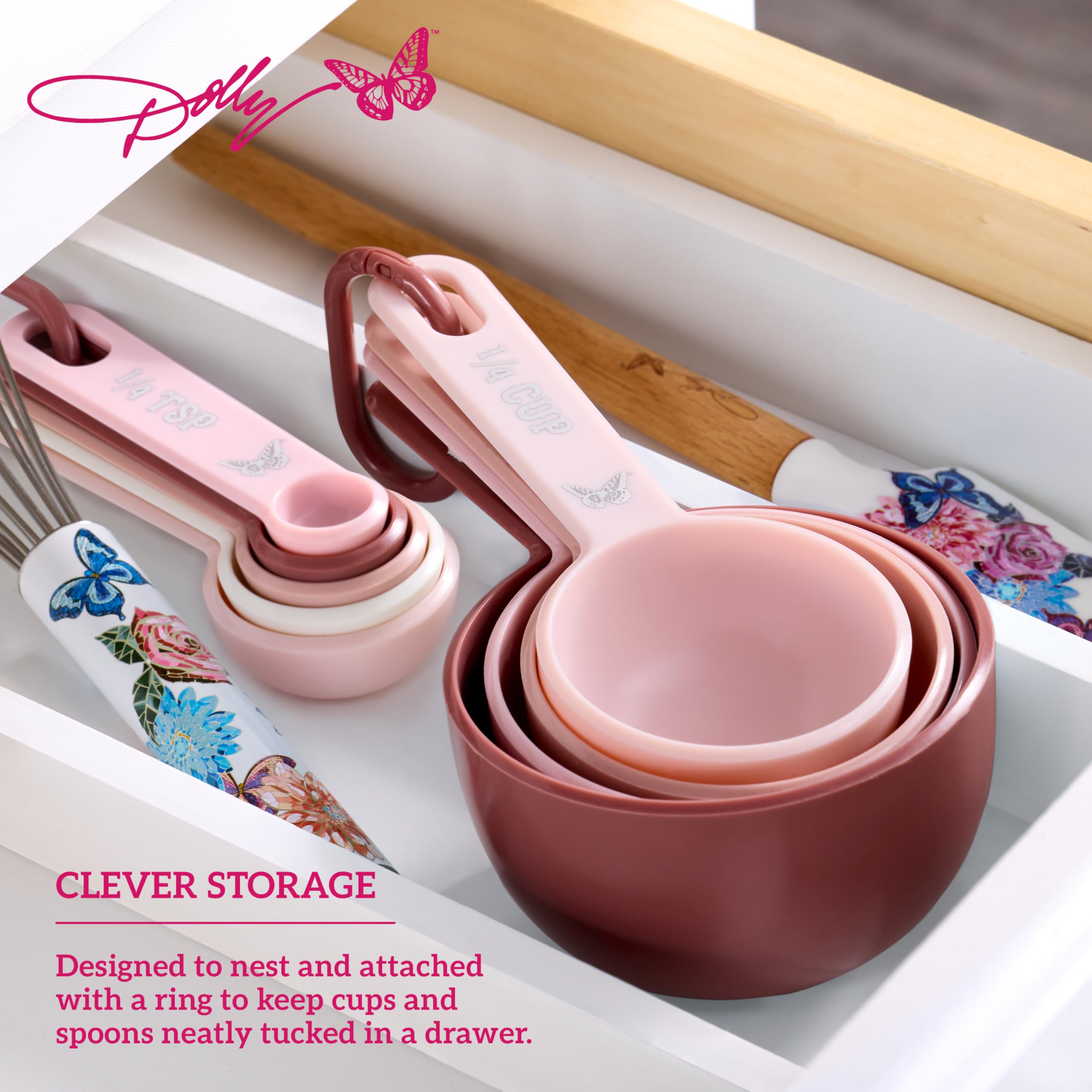 Dolly Parton Measuring Cups and Spoons Set, Pink with Butterfly Accents, Easy-Read Markings, Nesting Design with Ring, 1/4 tsp to 1 Cup, Baking and Cooking Essential, 9 Piece - Image 5