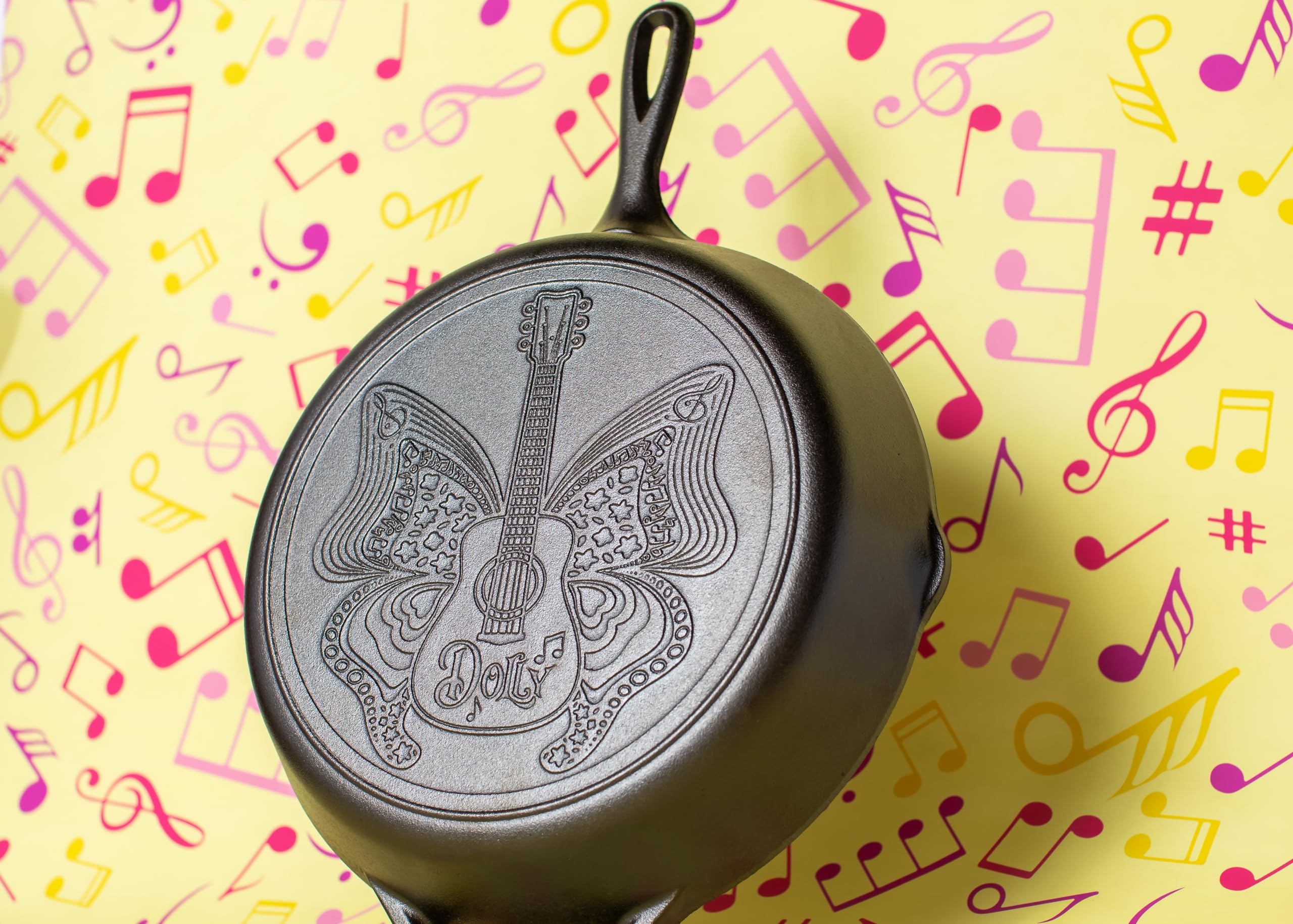 Lodge 12 Inch Dolly Parton Pre-Seasoned Cast Iron Stamped Skillet - Signature Teardrop Handle - Use in the Oven, on the Stove, on the Grill, or Over a Campfire, Black - Image 4